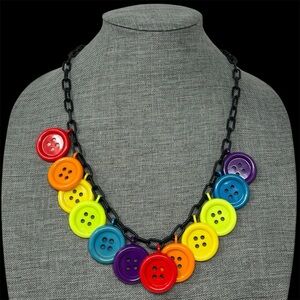 Vintage 80’s Russ Berrie Multicolor Rainbow Plastic Button Charm Necklace VTG